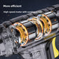 Cordless tire inflator with built in LED light beam pointed at a car wheel valve at night