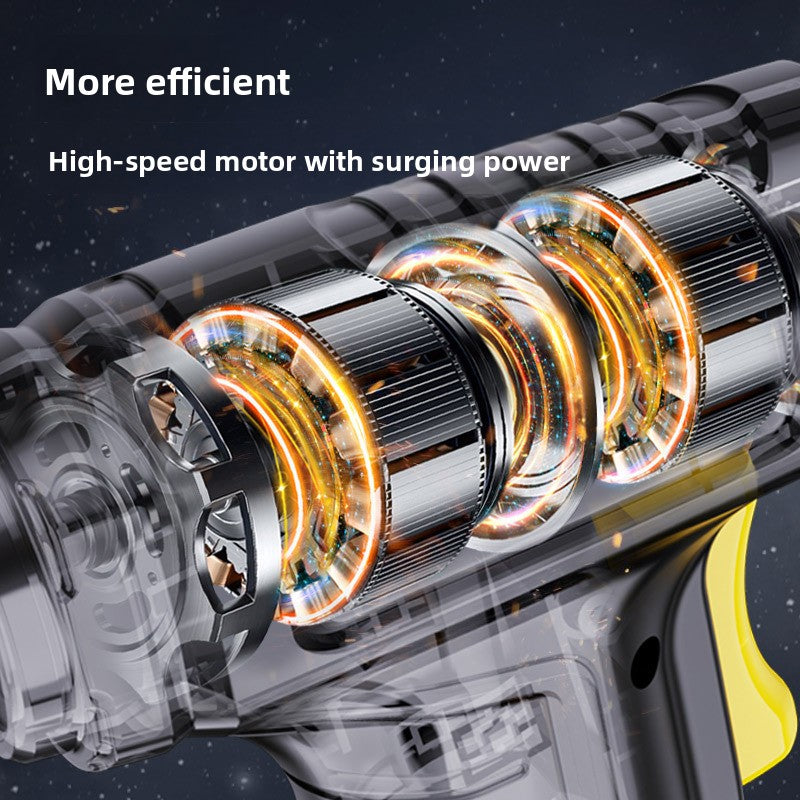 Cordless tire inflator with built in LED light beam pointed at a car wheel valve at night