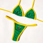 Green and yellow Brasil halter bikini and thong brief flat lay