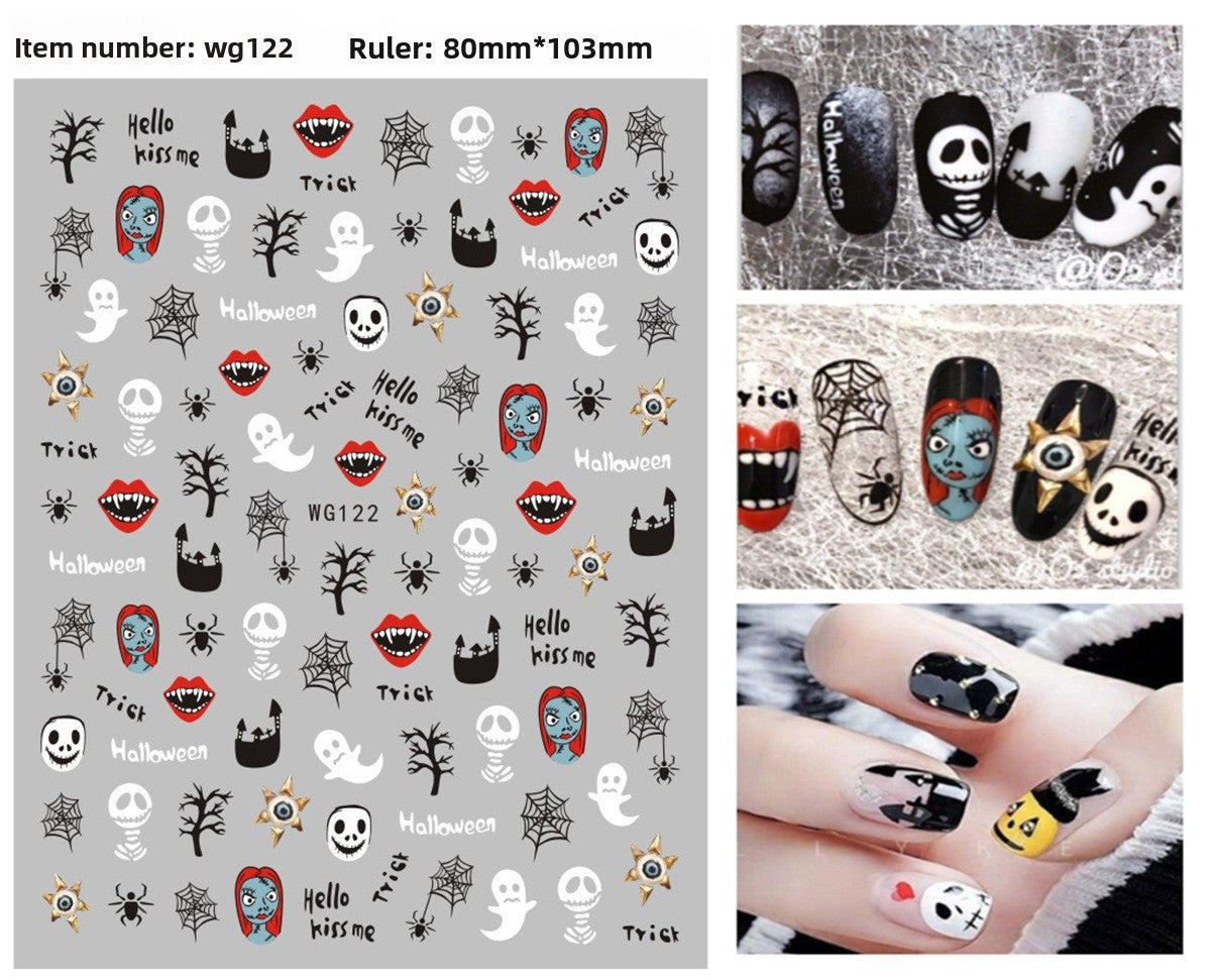 Halloween nail decals shown as a finished manicure with skulls and pumpkins