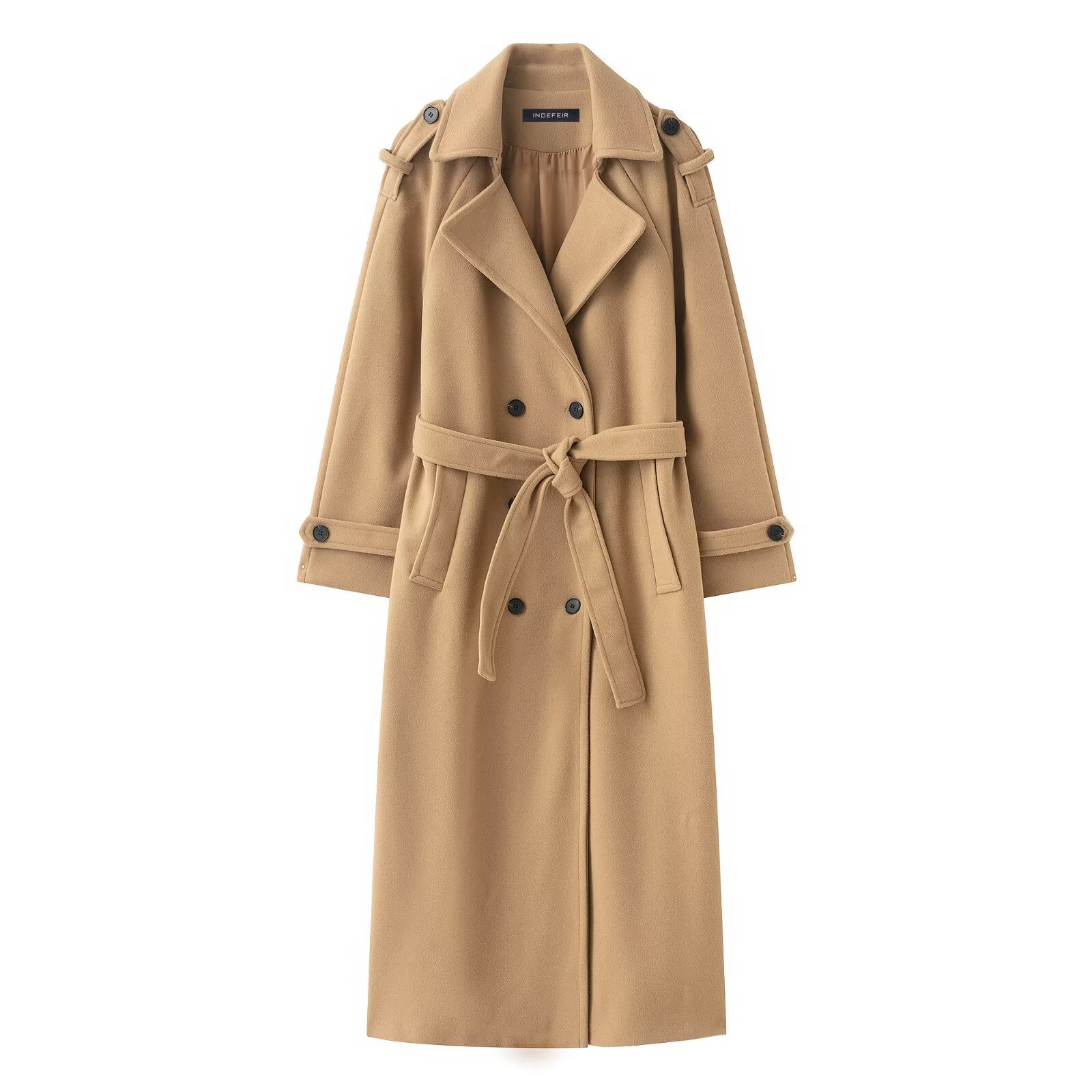 Double breasted belted longline woollen look overcoat, the self tie belt knotted at the front
