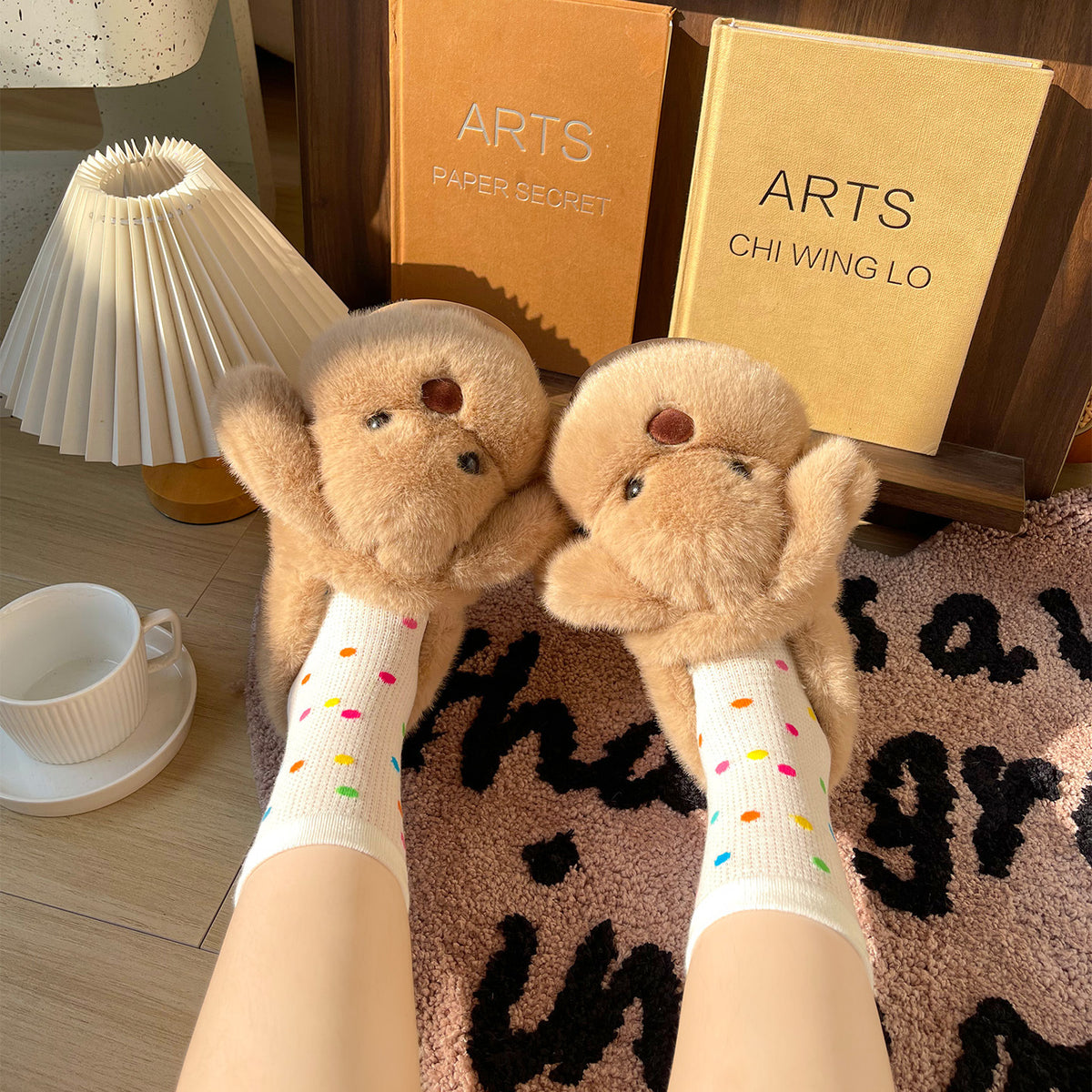 Open back plush puppy slippers with a cushioned EVA platform sole, warm faux fur indoor footwear