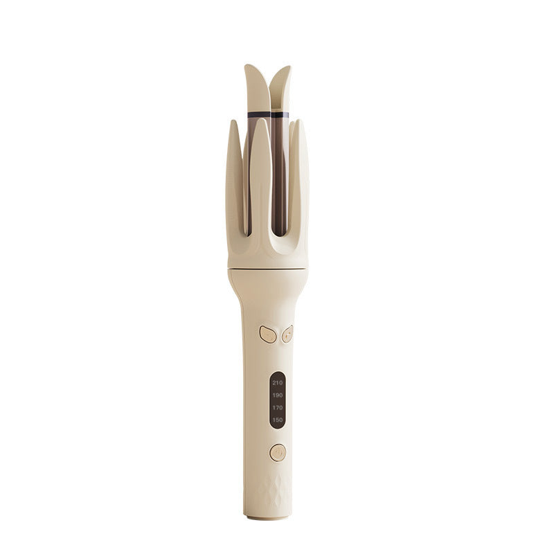 Cream automatic hair curler on white, open styling chamber and heat screen marked 150 to 210
