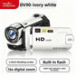 White DV90 camera with 16X lens, 2.4 inch rotating screen, built in flash and 16x digital zoom labels in ivory white