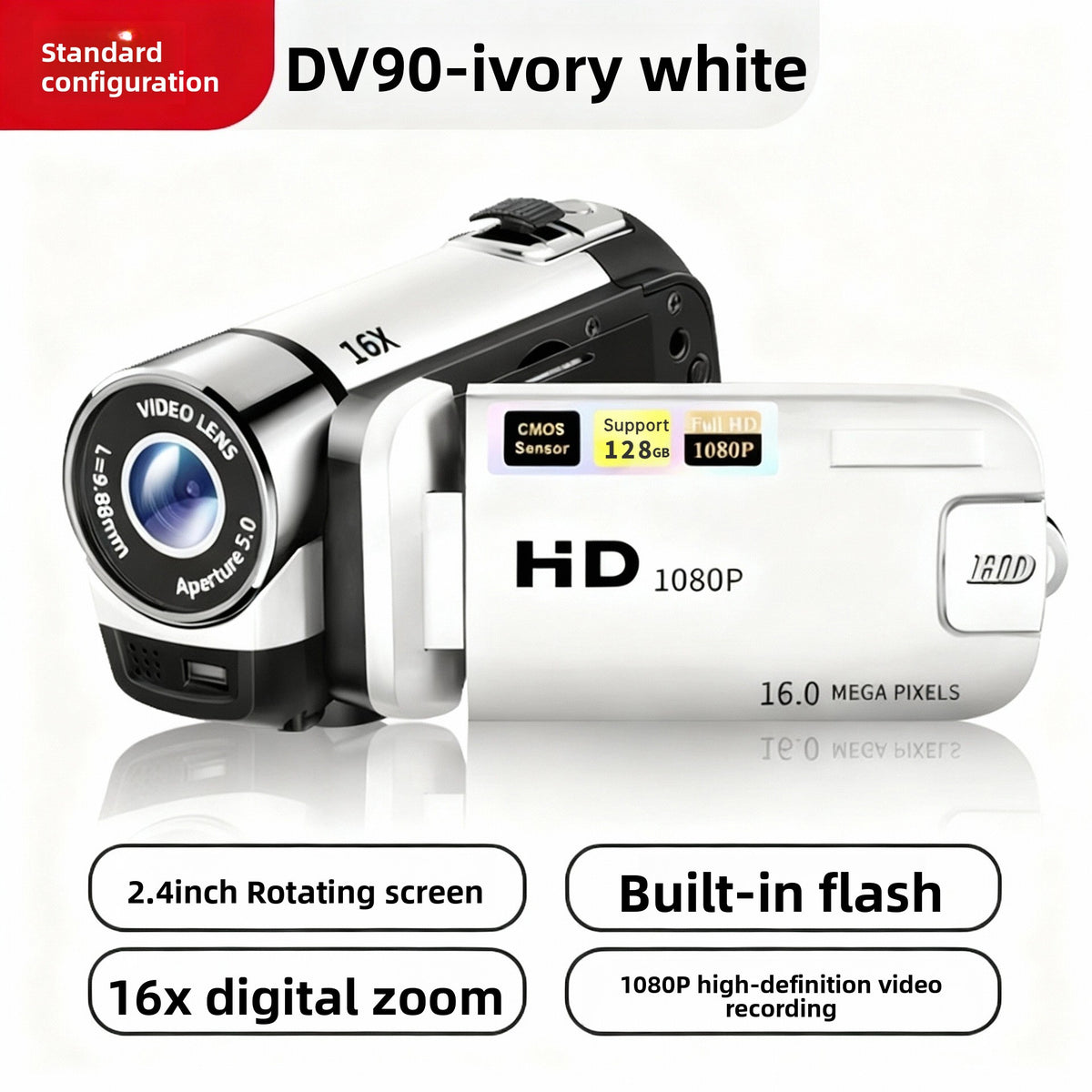 White DV90 camera with 16X lens, 2.4 inch rotating screen, built in flash and 16x digital zoom labels in ivory white