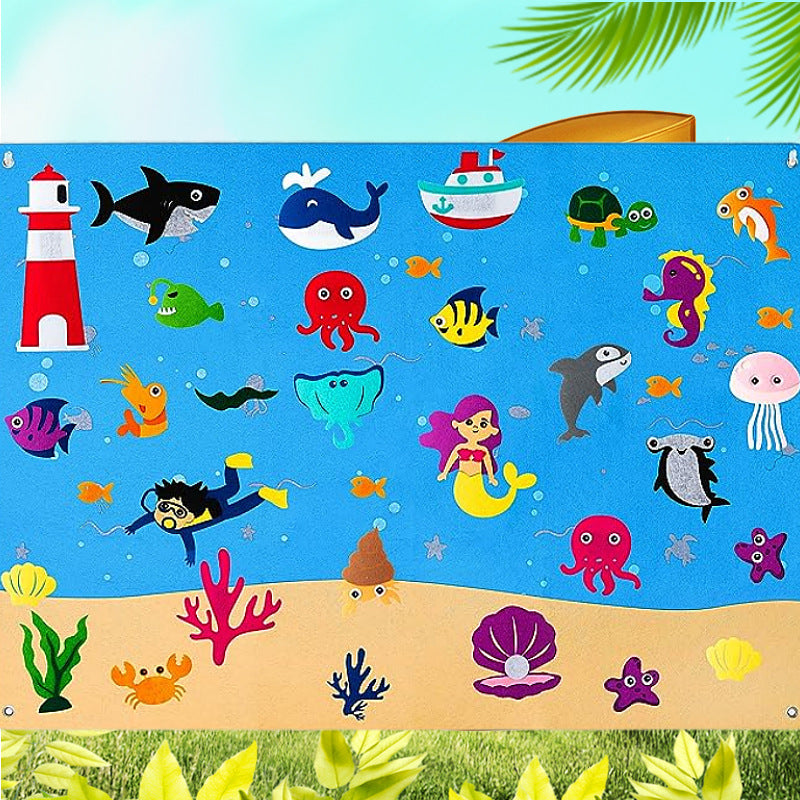 Ocean and mermaid felt story board with felt sea creatures, mermaid and boat pieces on blue felt