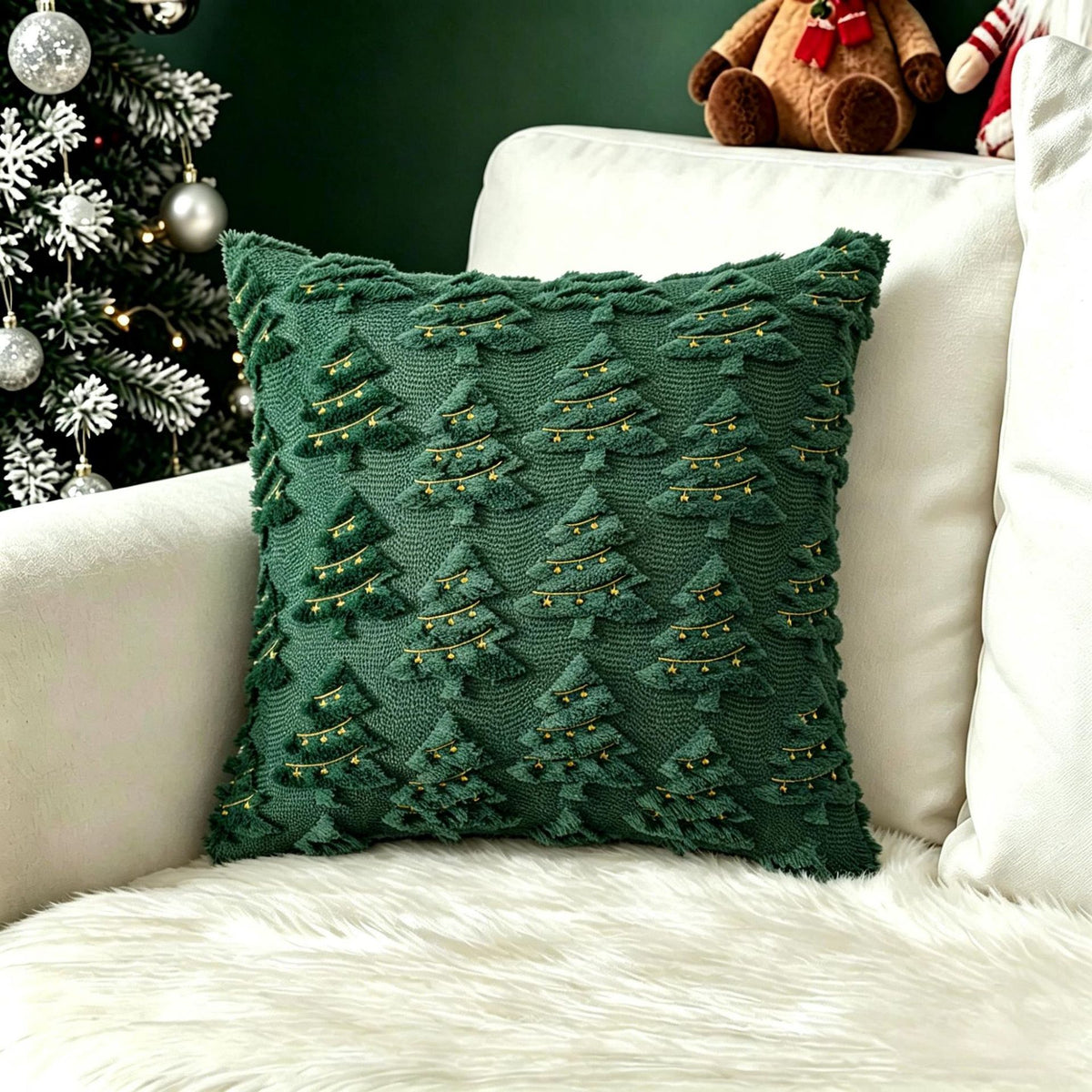 Plush carved cushion cover with green Christmas trees carved into a cream plush face, view 31