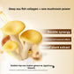 Golden oyster mushroom shown beside the fish collagen beverage on a cream toned background