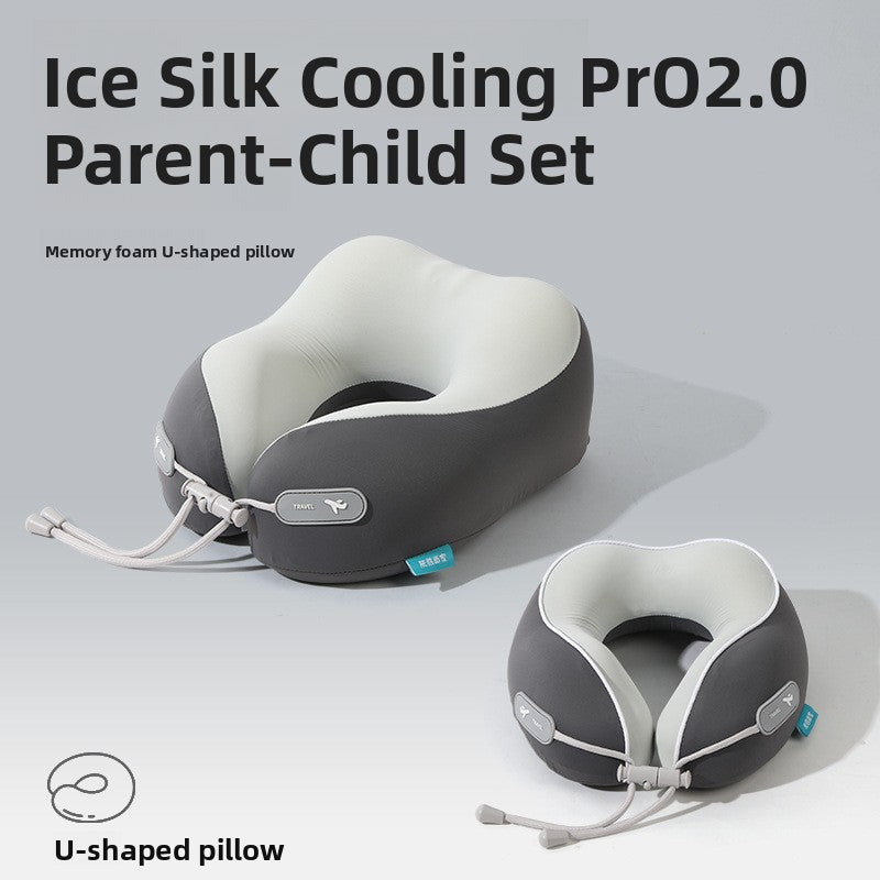 Dark gray and light gray U shaped travel neck pillow set in adult and children's sizes on a gray background