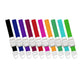 A row of quick release tourniquet bands laid out in many colours with white plastic snap buckles