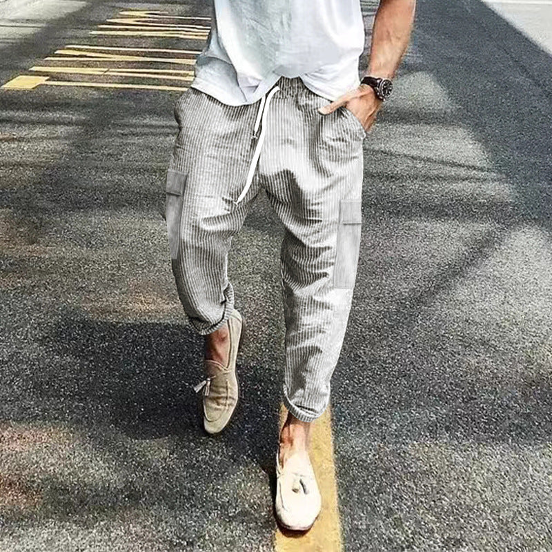 Light gray ribbed corduroy pants with drawstring waist and thigh pockets, photo used for the Light Gray XXL option