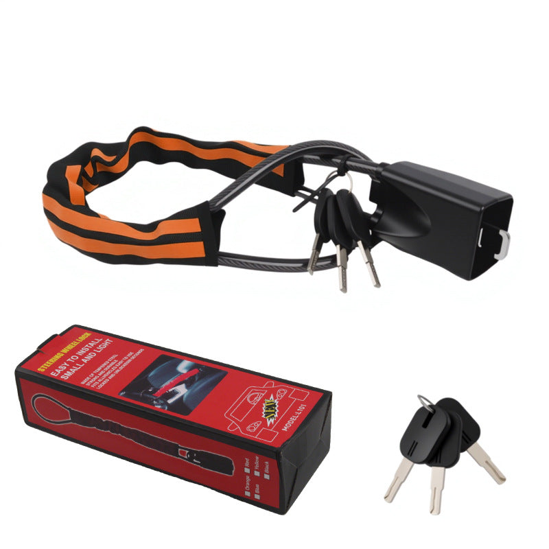 Black and orange variant: striped sleeve lock with the red retail box, lock body and three keys