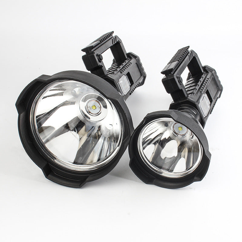 Two black ABS LED searchlights side by side, large and small models with folding grip brackets