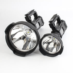 Two black ABS LED searchlights side by side, large and small models with folding grip brackets