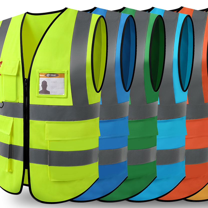 Fluorescent yellow zip front reflective work vest in front of blue, green, sky blue and orange vests