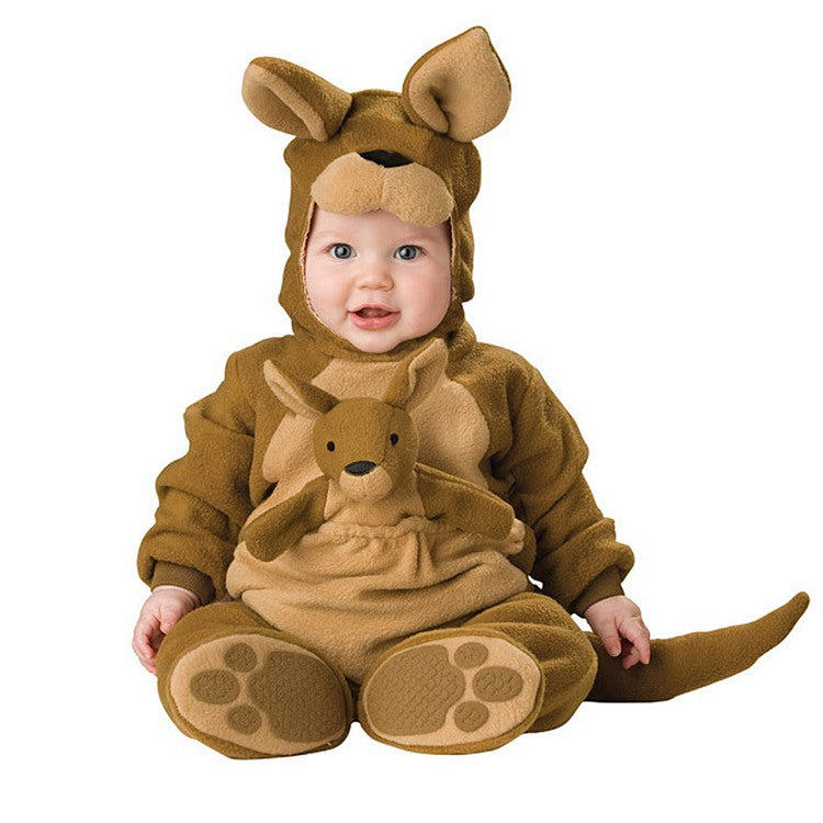 Baby in a brown kangaroo costume with a joey in the pouch and a tail, Kangaroo option, 80cm size
