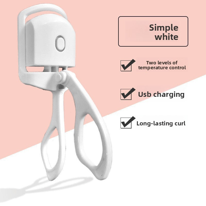 White electric eyelash curler on a maker colour panel headed Simple white with a feature list