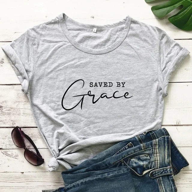 Front view of a soft cotton Saved by Grace tee with round neck and short sleeves