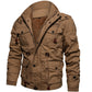 Khaki fleece-lined cotton field jacket with stand collar and flap pockets, size M