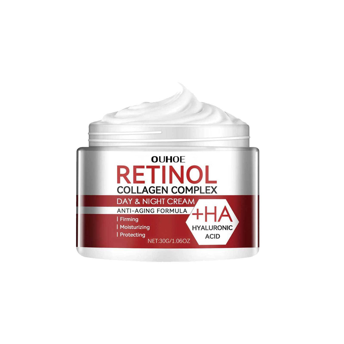 OUHOE Retinol Collagen Complex Day and Night Cream, red and white jar with the lid off showing the white cream, 30 g