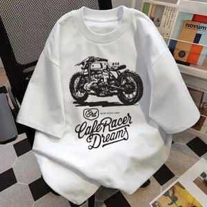 White loose short sleeve crew neck cotton t-shirt with a vintage motorcycle print and Cafe Racer Dreams lettering