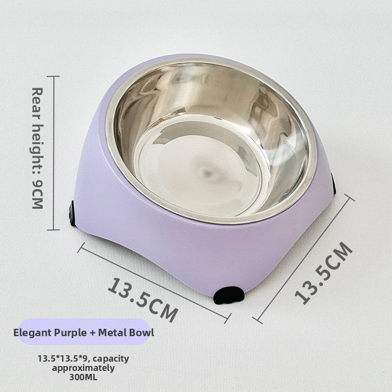 Grey tilted cat bowl stand holding a lift out stainless steel bowl
