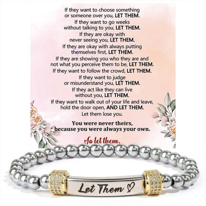 Stainless steel beaded stretch bracelet with an engraved Let Them message bar and gift card