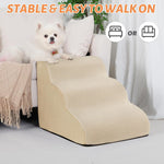 Foam pet stairs with a ribbed non slip fabric cover, tiered steps for cats and small dogs to reach a bed