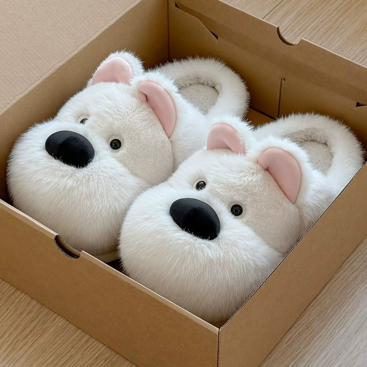 White option, size 36-37: white puppy face plush slippers with pink ears resting in a cardboard box