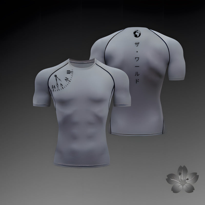 Close up of the breathable open knit fabric on the men's workout t-shirt