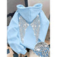Light Blue pullover hoodie with rhinestone wings on the back and a stone close-up, option photo for Light Blue M