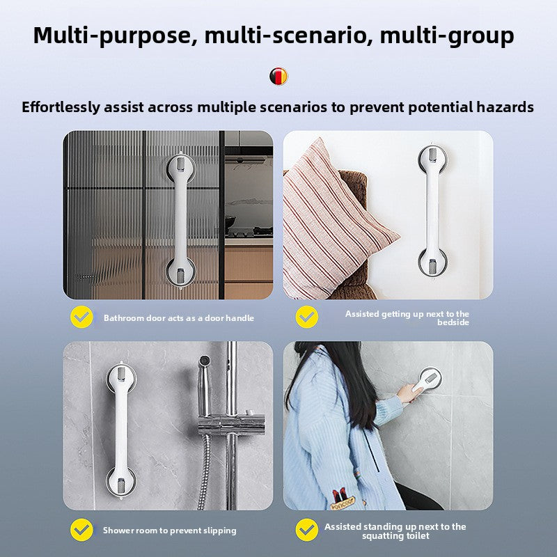 ABS bathroom grab bar seen against a tiled wall, textured strip along the underside of the handle