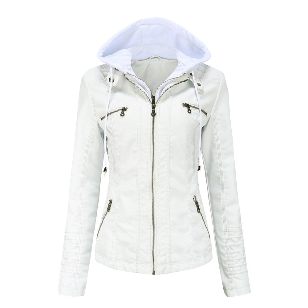 White PU leather jacket with detachable hood, size XL option
