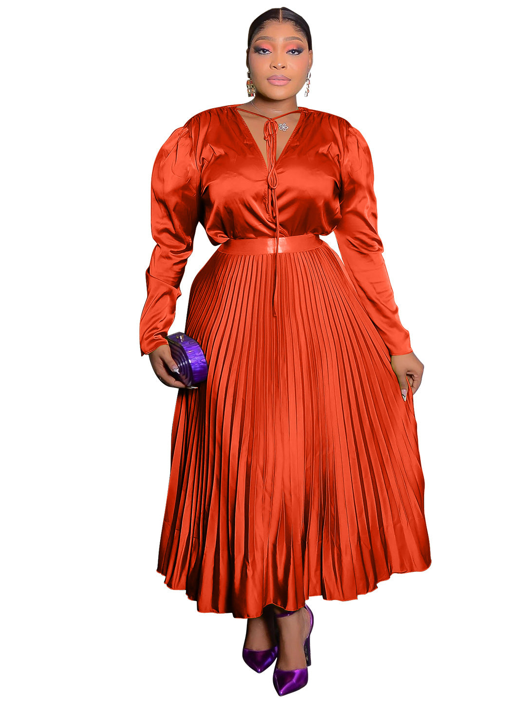 Burnt orange pleated maxi dress with keyhole tie neck and matching belt, Orange option photo