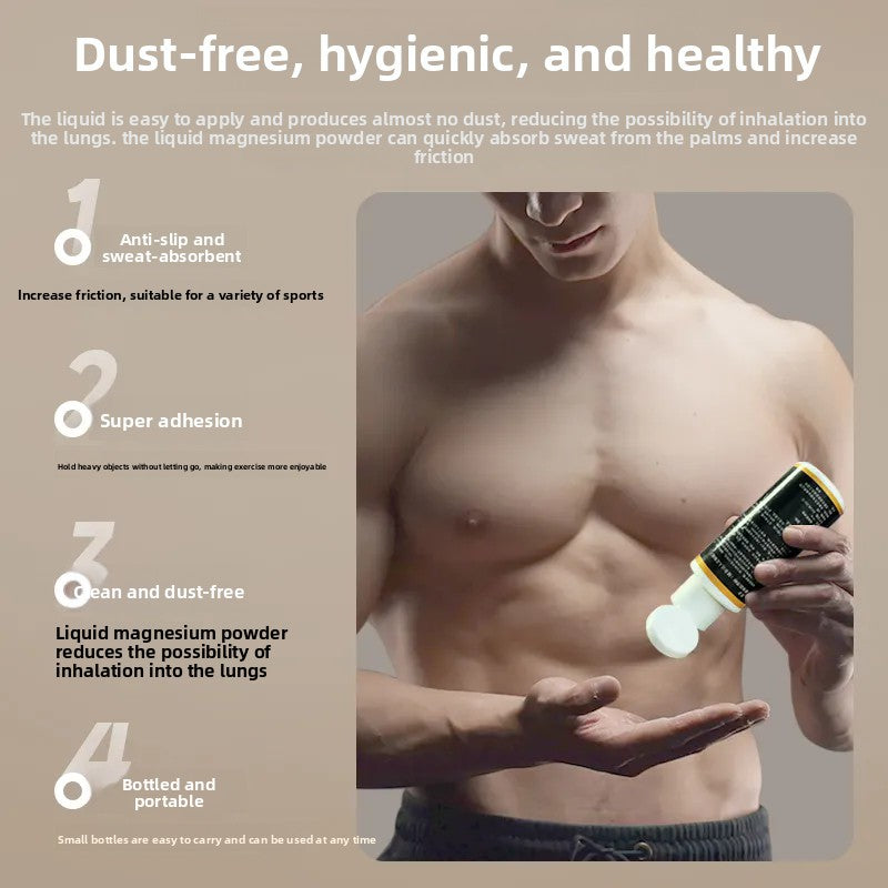 Infographic of an athlete applying liquid chalk, noting anti-slip, sweat-absorbent and low-dust use