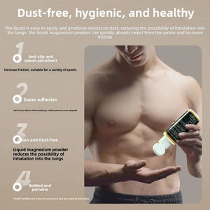 Infographic of an athlete applying liquid chalk, noting anti-slip, sweat-absorbent and low-dust use