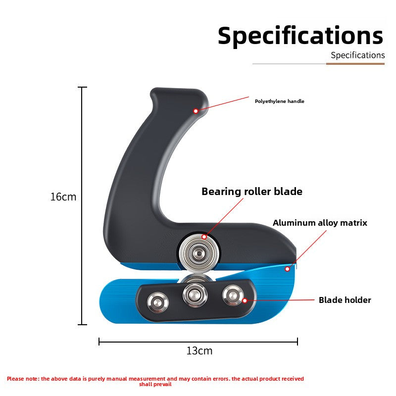 Maker specification panel with callouts for handle, bearing roller, alloy body and blade holder