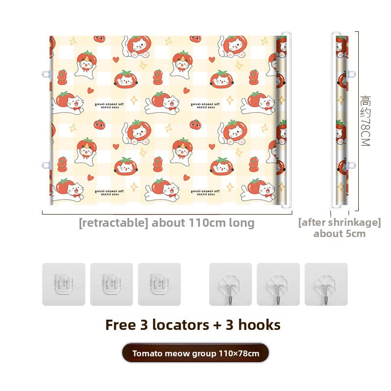 Roll up pet gate printed with cartoon cats in tomato hats, 110 cm wide, with locators and hooks
