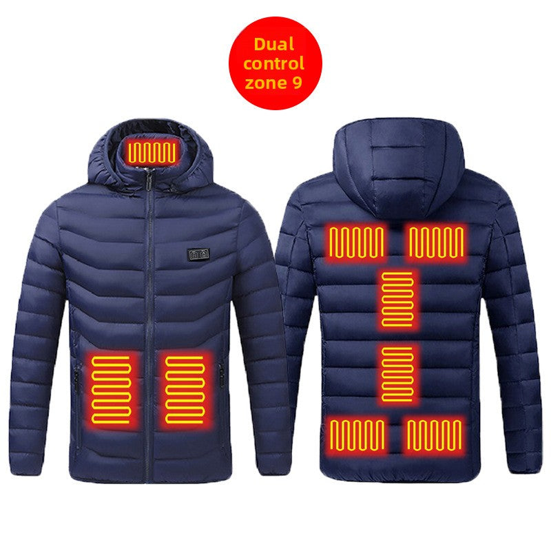 USB heated padded hooded jacket in blue with a full length front zipper