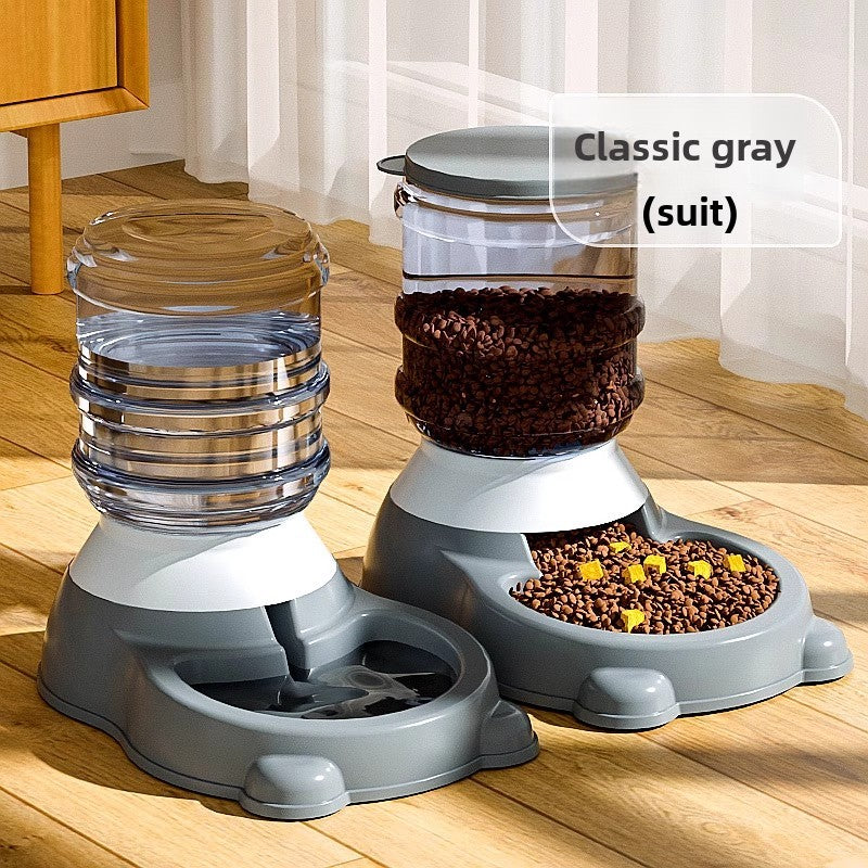 Gravity pet feeder reservoir and bowl shown separated for cleaning