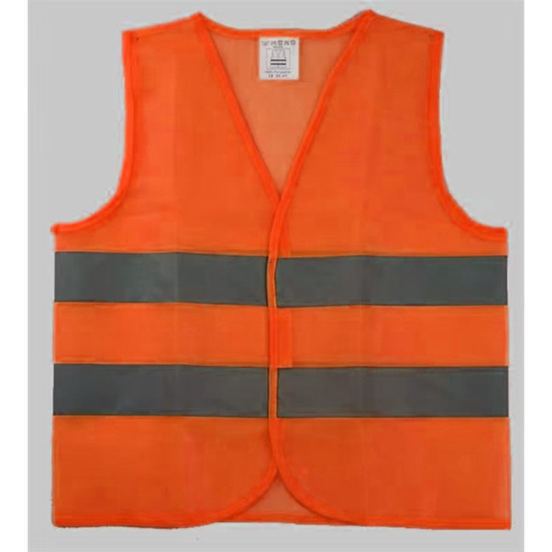 Orange mesh work vest with two horizontal reflective bands and no pockets
