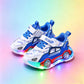Blue and white sports car kids sneakers with LED sole lights, EU size 25