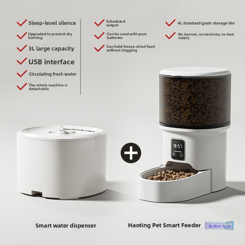 White automatic pet feeder set on the floor beside a cat