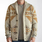 Mens oatmeal knit cardigan with geometric jacquard, two welt pockets and a button front