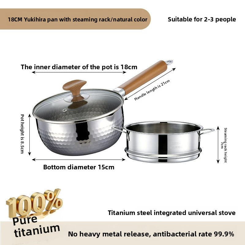 Pure titanium snow pot with a wooden handle shown beside a glass lid