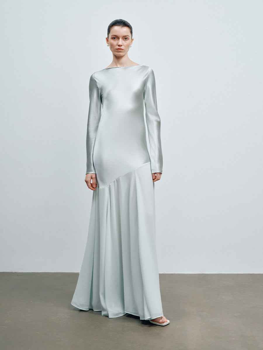 Detail of the fitted bodice and boat neck on the long sleeve satin gown