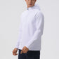 Man in a white half zip hooded sweatshirt with a zip at the collar, shown from the chest down