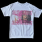 Pure cotton white crew neck tee with dropped shoulders and a Y2K graphic