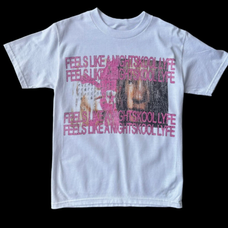 Pure cotton white crew neck tee with dropped shoulders and a Y2K graphic
