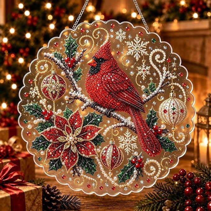 Rhinestone diamond painting hanger with a reindeer and holly on clear acrylic